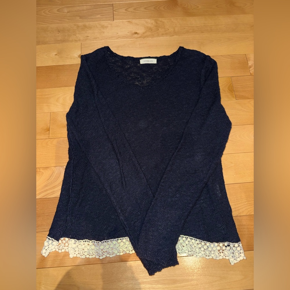 Elegant Navy Blue Lace Hem Top